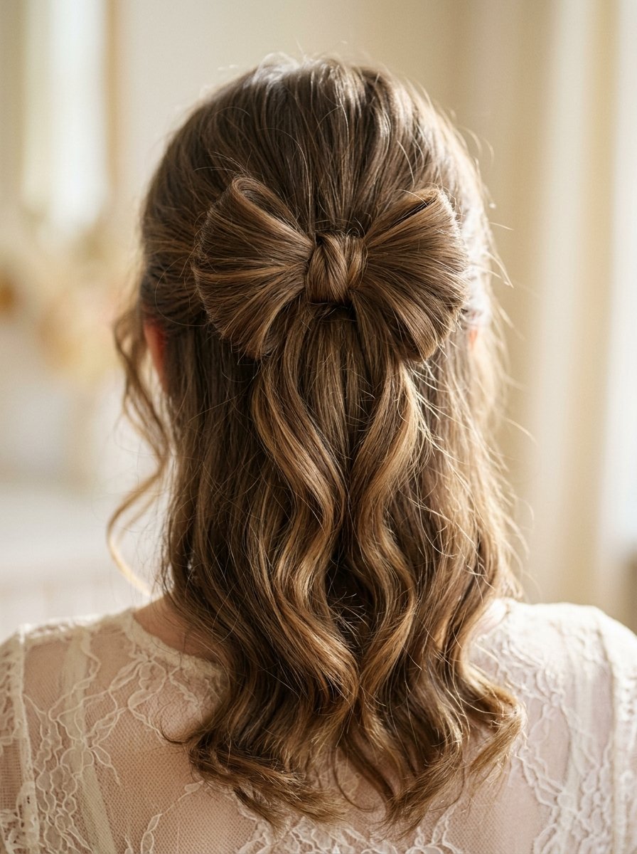 A woman from behind with brown hair styled in a half-updo with a bow made of her own hair.
