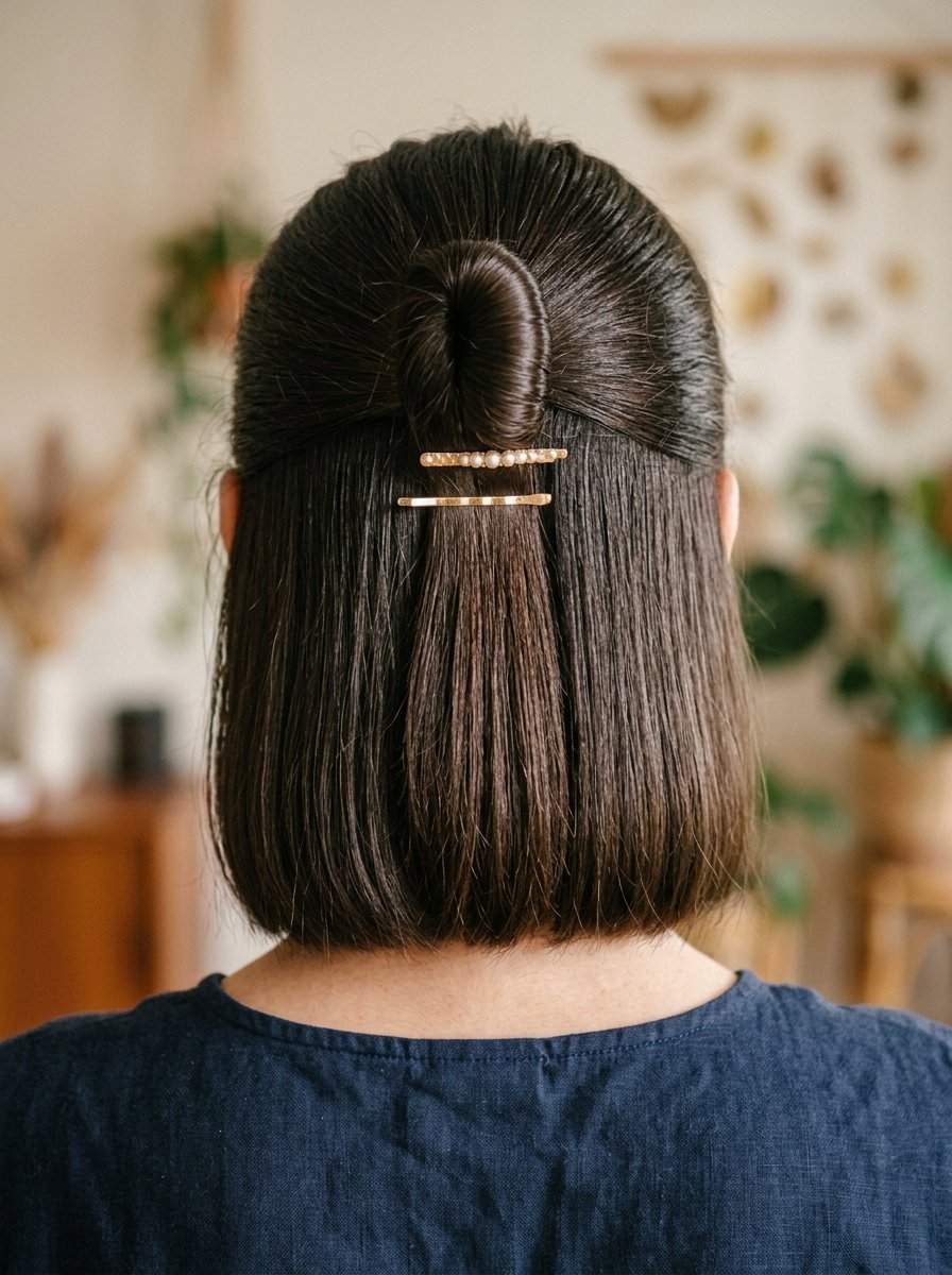 Close-up back view of dark straight hair in a half-updo with pearl and gold metal barrettes.