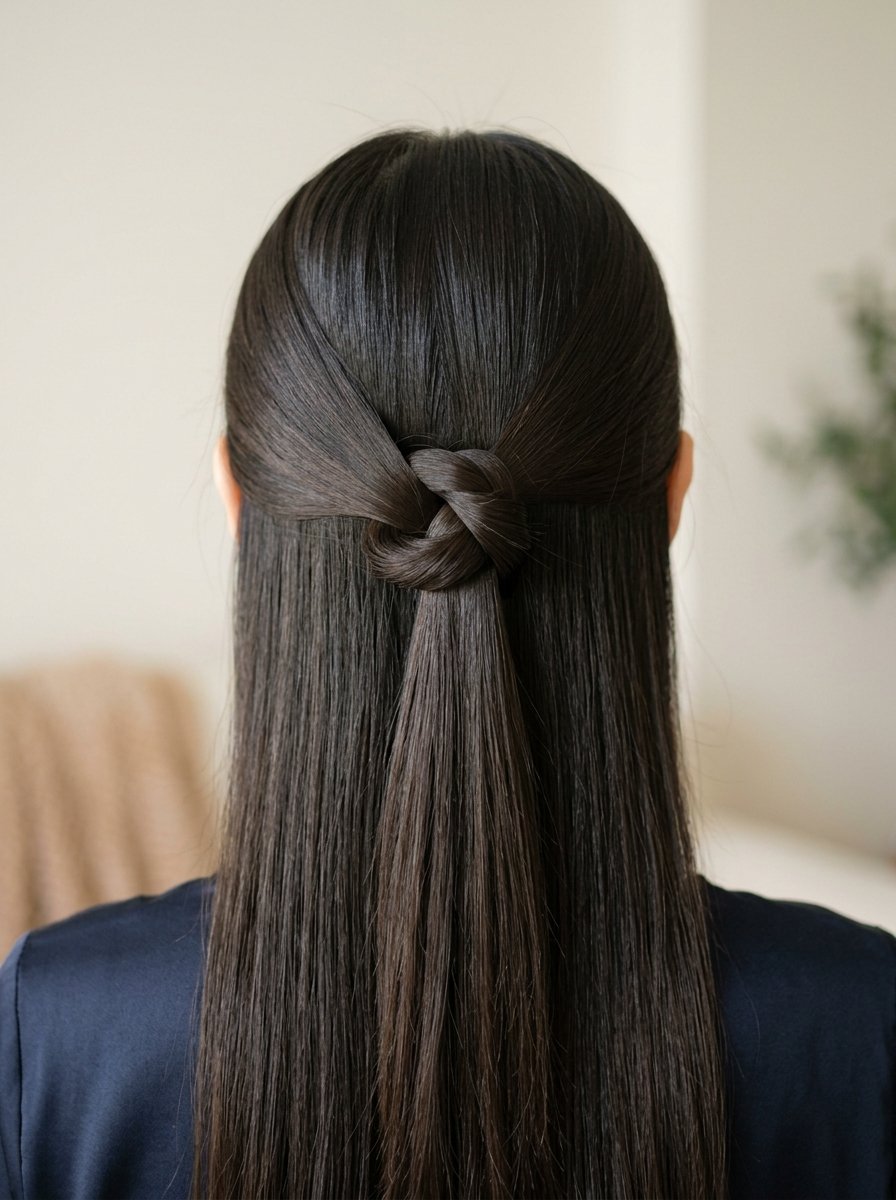 Back view of a woman with straight dark hair tied into a stylish central knot.