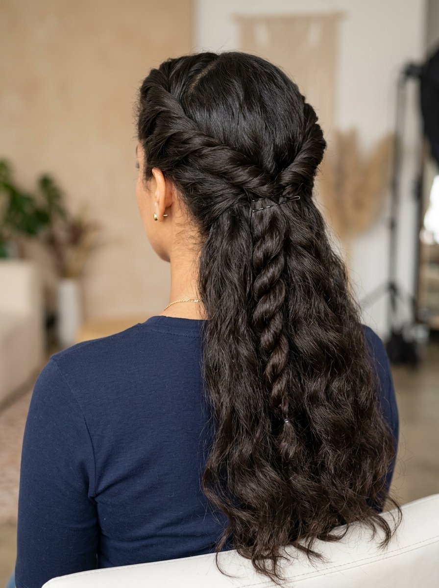 Back view of a woman with long dark wavy hair styled in a half-up twist pinned with a bobby pin.