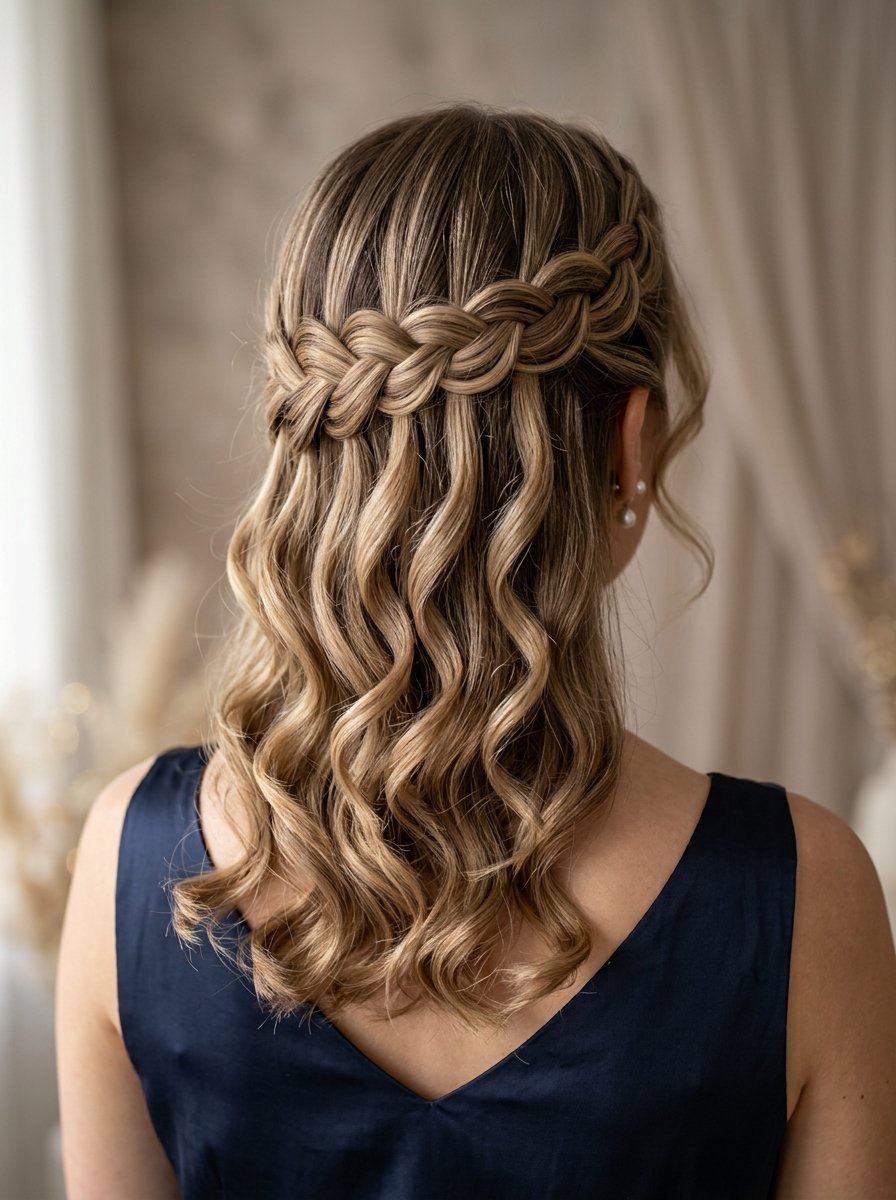 Back view of a woman with long wavy blonde hair styled in a decorative waterfall braid.
