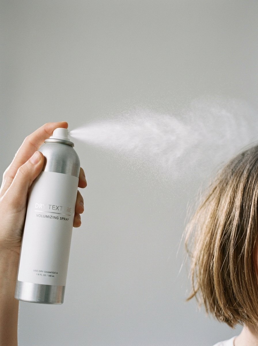 Close up of a person spraying hair styling product onto their hair from a metal canister.