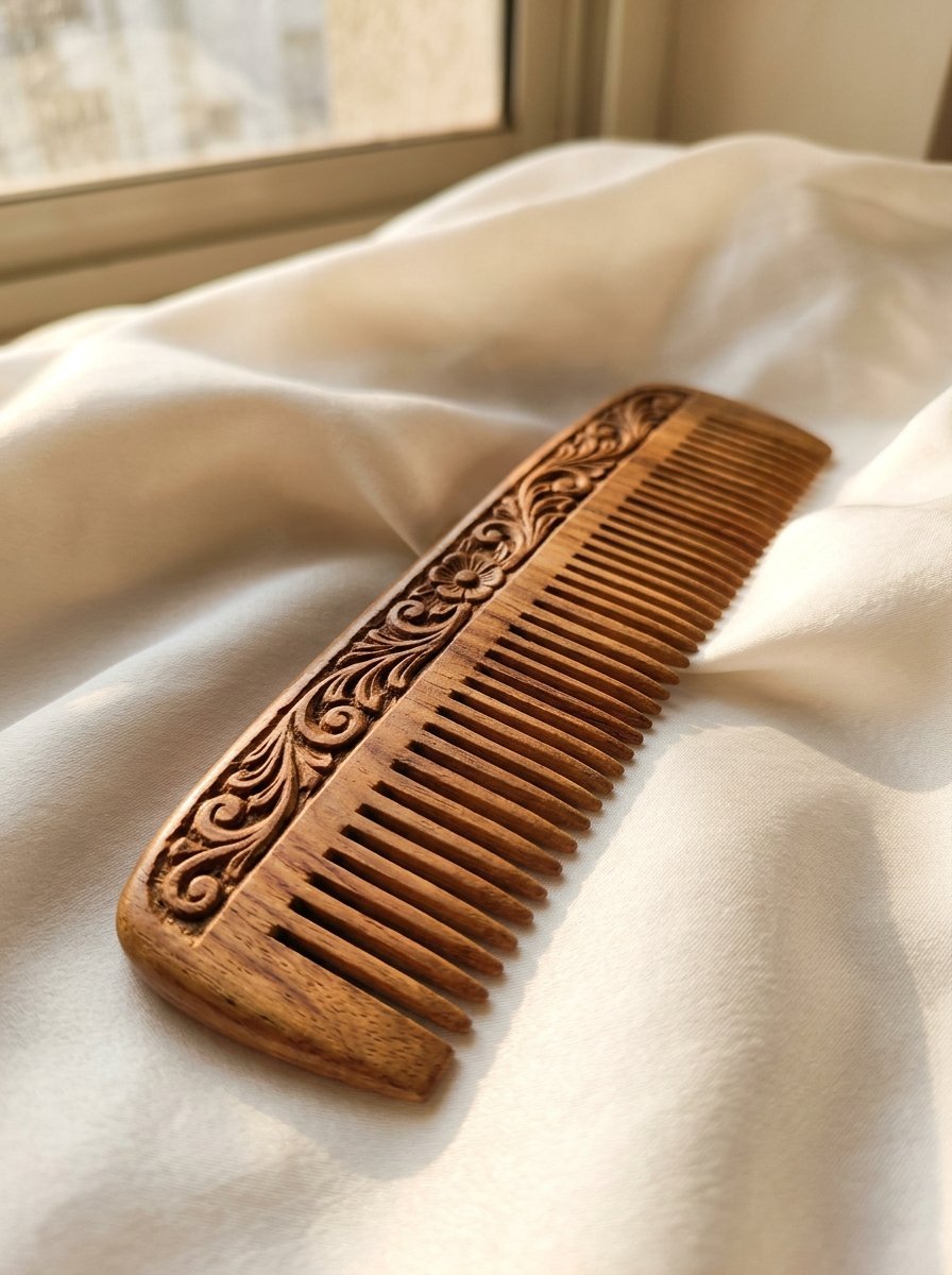 Close-up of a carved brown wood hair comb placed on a draped white cloth.