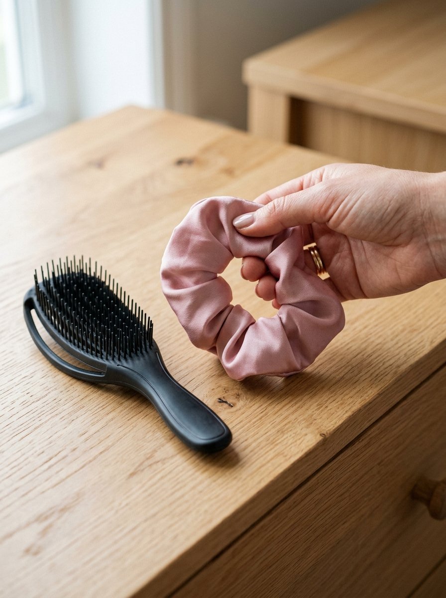 Close up of a hand holding a blush pink satin hair scrunchie next to a black hairbrush on a wooden dresser.