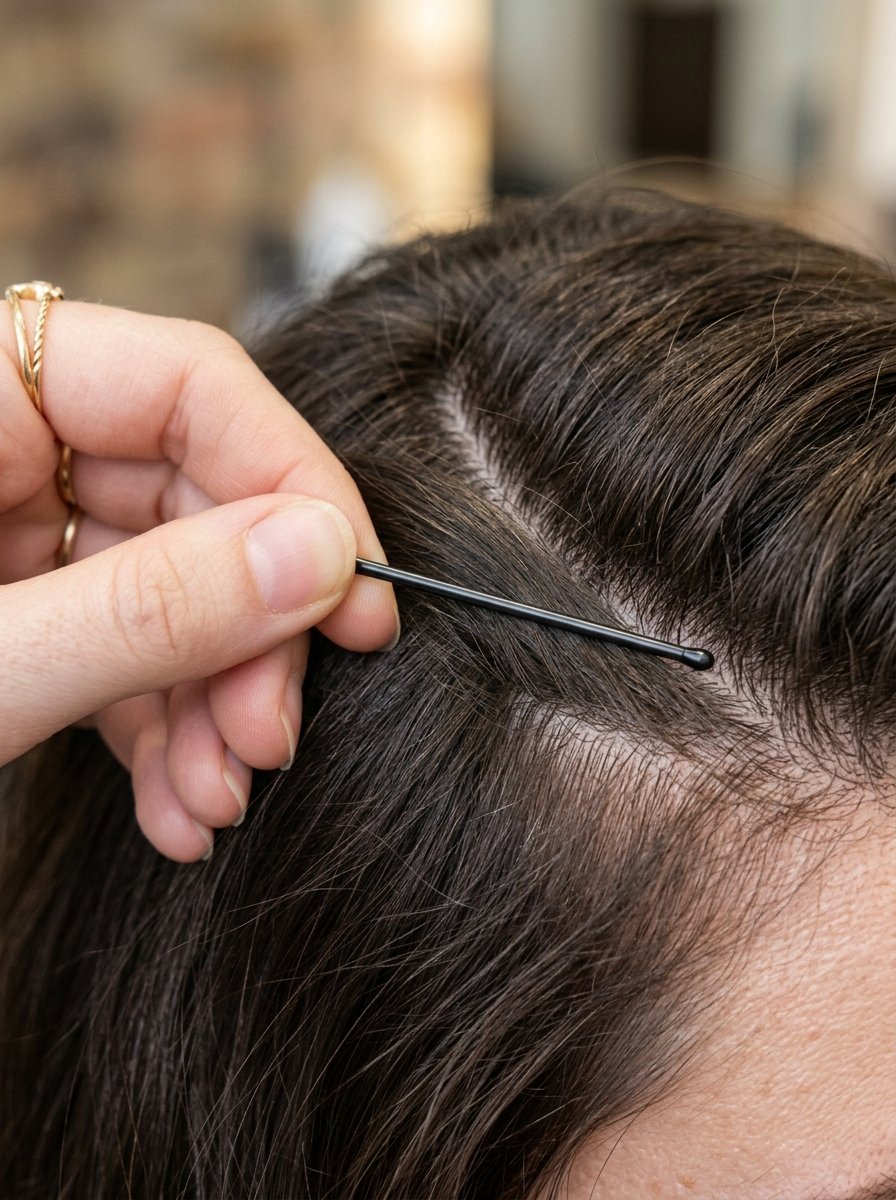 Close up of fingers holding a black bobby pin against a woman's dark hair part.