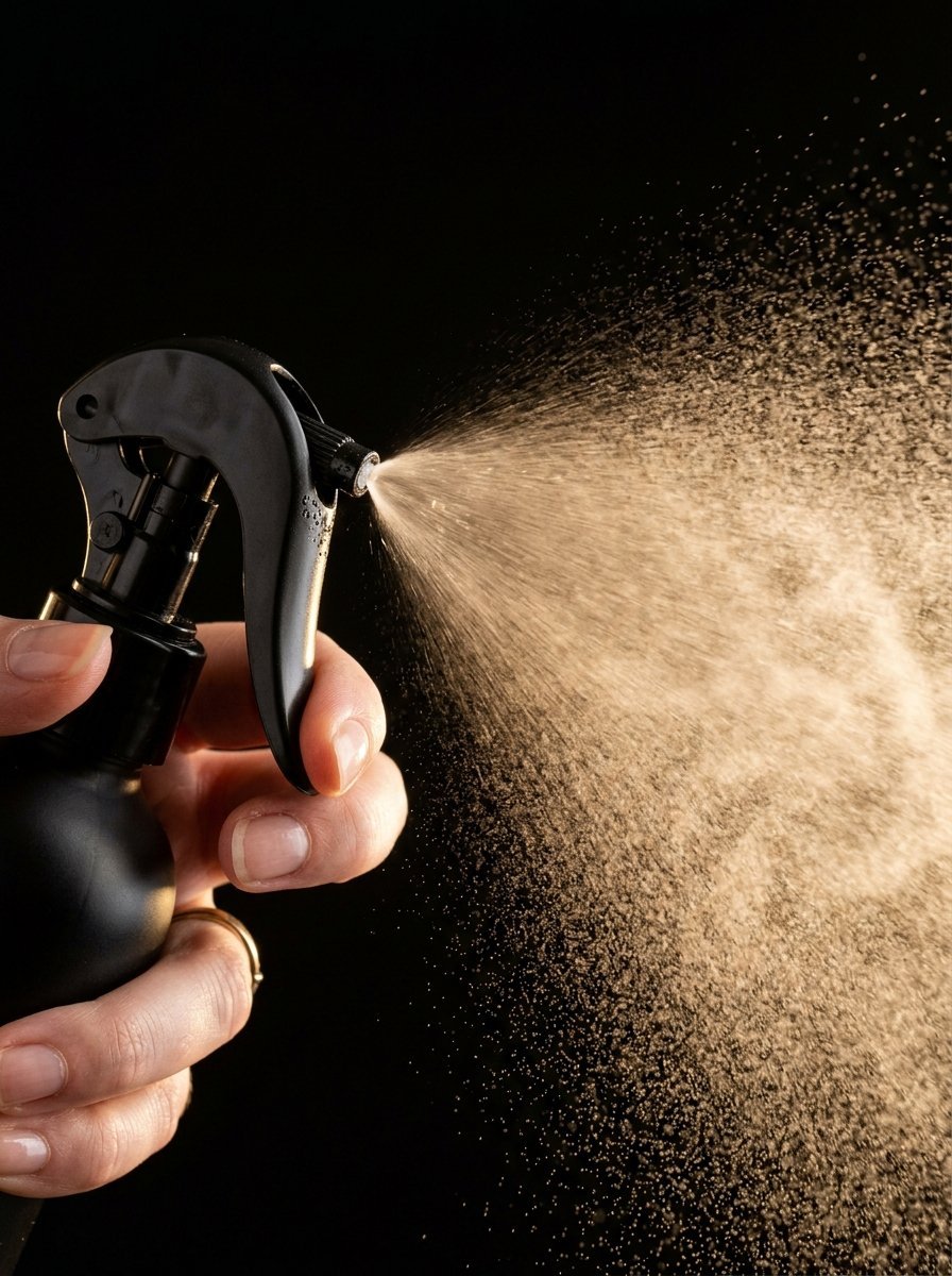 Close up of a hand holding a black trigger sprayer releasing a cloud of liquid droplets against black background.