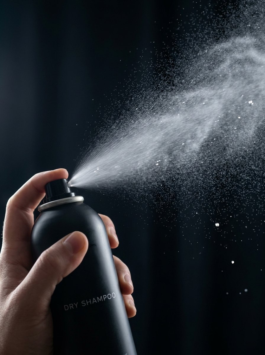 Close up of a hand activating a fine mist spray from a minimalist black aerosol hair product container.