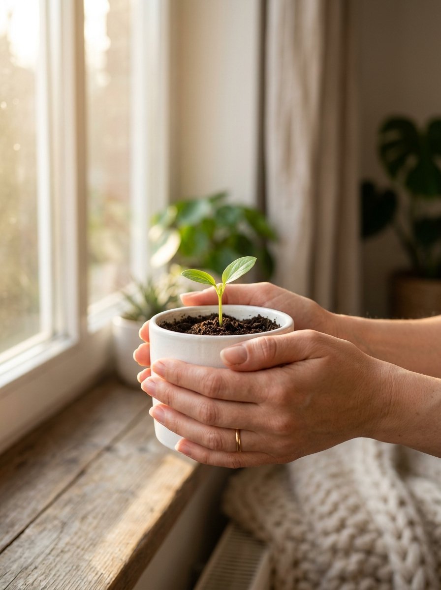 Close-up of hands holding a white ceramic pot with a young plant sprout in front of a sunlit window.
