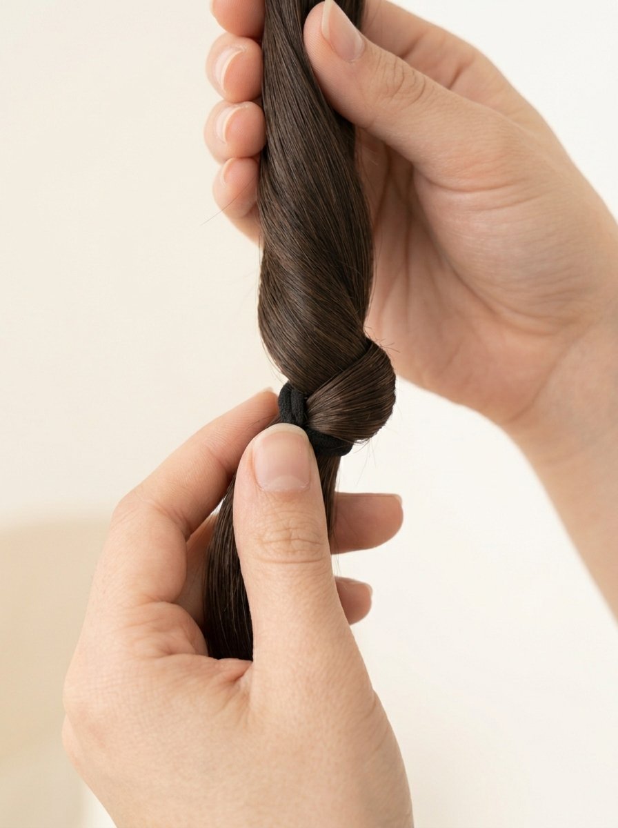 A person using their fingers to pull dark brown hair through a black elastic hair tie.
