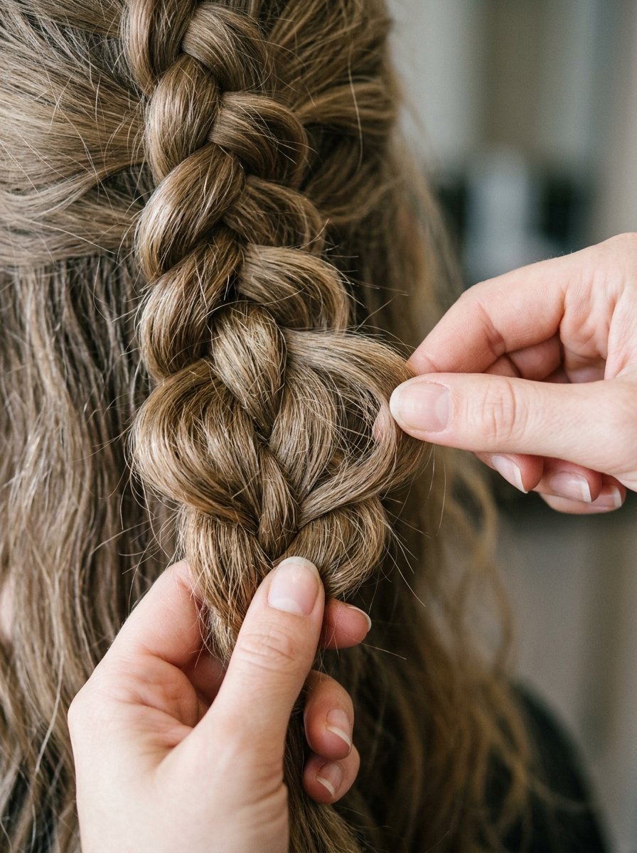 Stylist hands delicately adjusting loose strands of a light brown hair braid.
