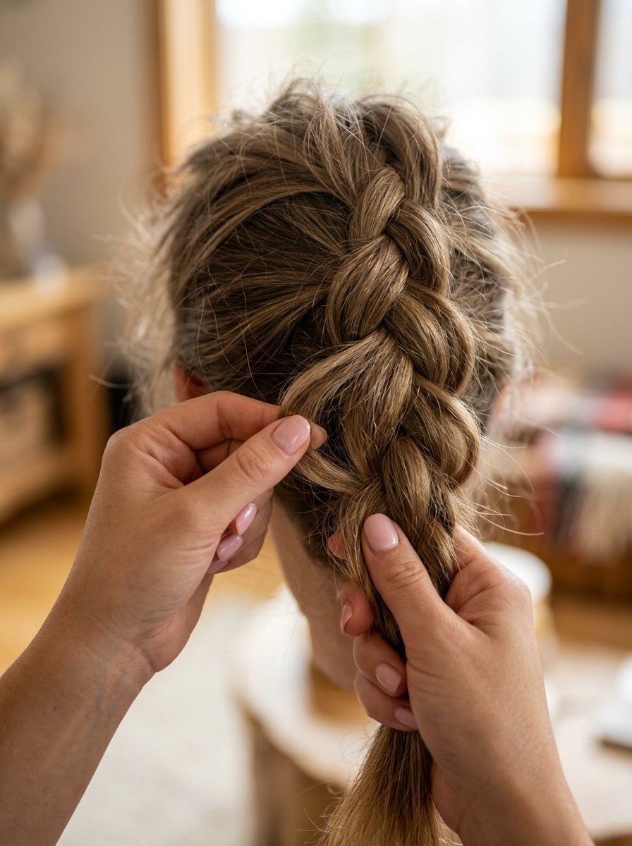 A person pulling strands of a messy blonde French braid on a mannequin head.