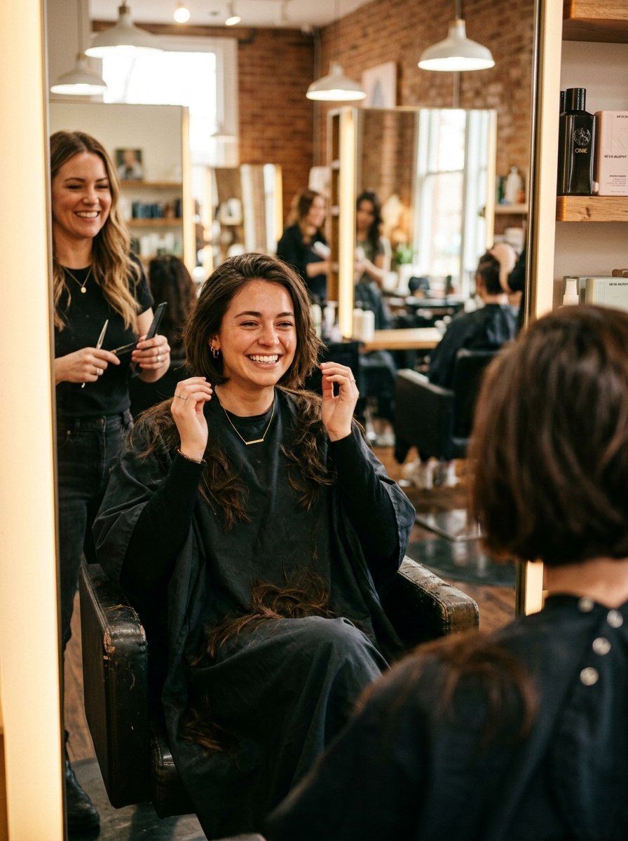 A joyous woman touches her freshly cut hair while sitting in a salon chair during a professional haircut.