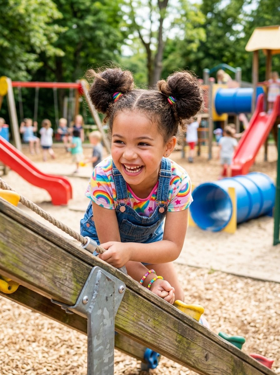 Smiling girl with space buns wearing rainbow shirt and overalls climbing on outdoor play equipment.