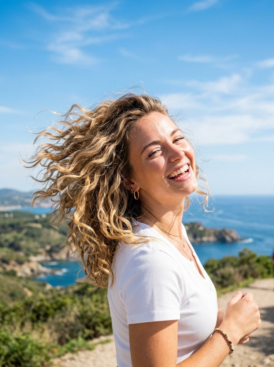 Portrait of a smiling woman with long curly blonde hair outdoors against a coastal background.