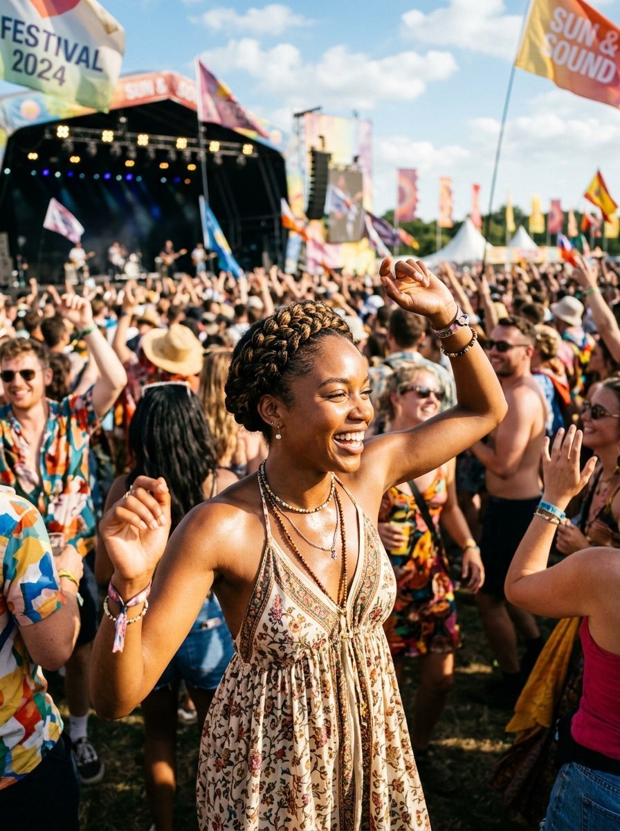 A smiling woman with braided hair dancing in a large crowd at an outdoor music festival with stage lights visible.