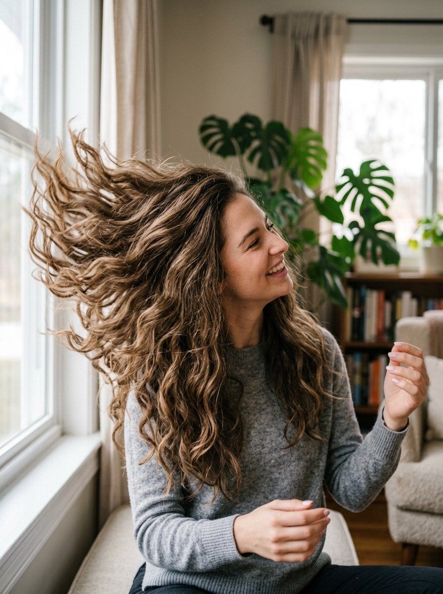 Portrait of a cheerful woman in a grey sweater with hair blowing near a window with monstera plants.