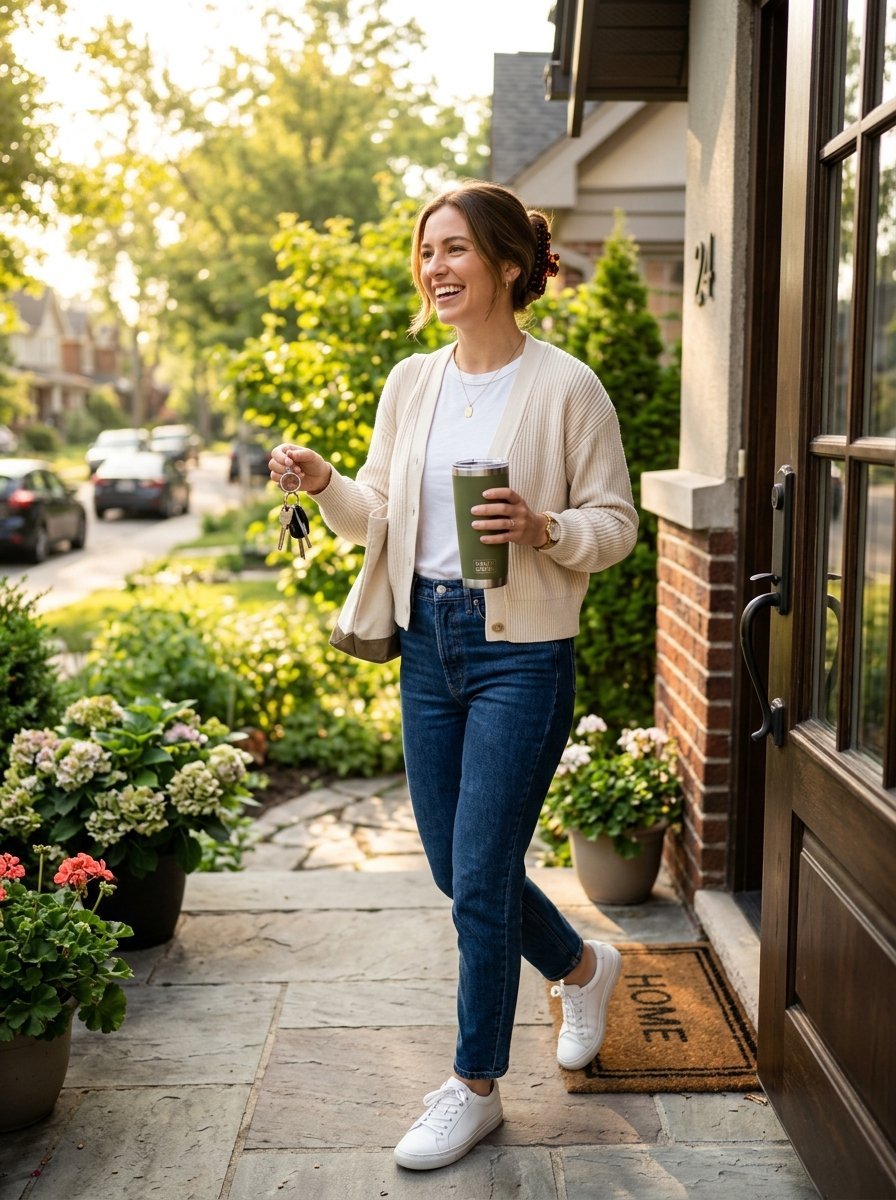 A smiling woman in a cardigan holding keys and a tumbler entering a house during golden hour.