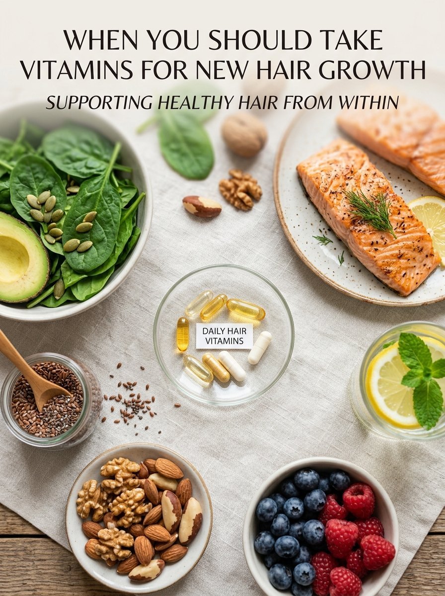 A flat lay of salmon, spinach, nuts, berries, and a dish of hair vitamin capsules on a linen tablecloth.