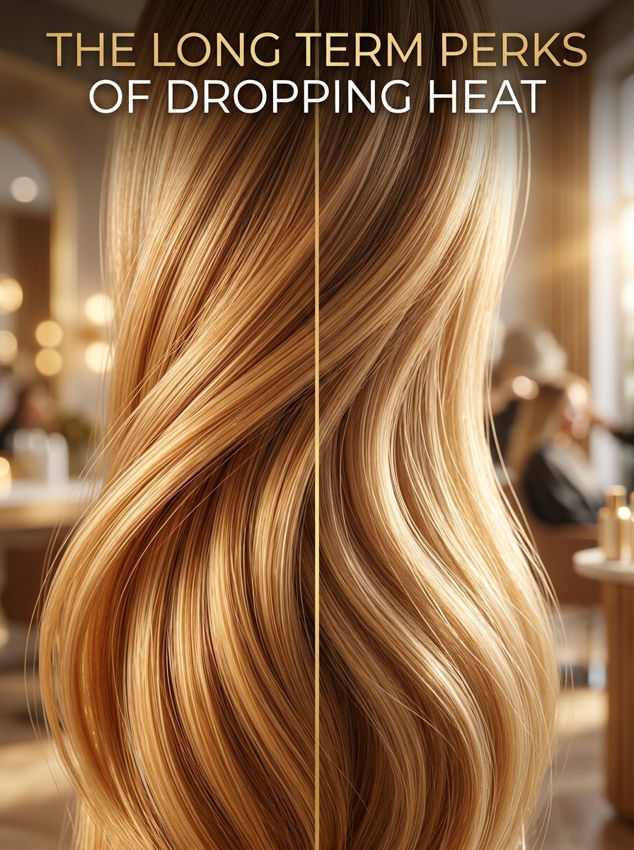 Close-up of smooth, vibrant blonde hair reflecting light in a salon setting.