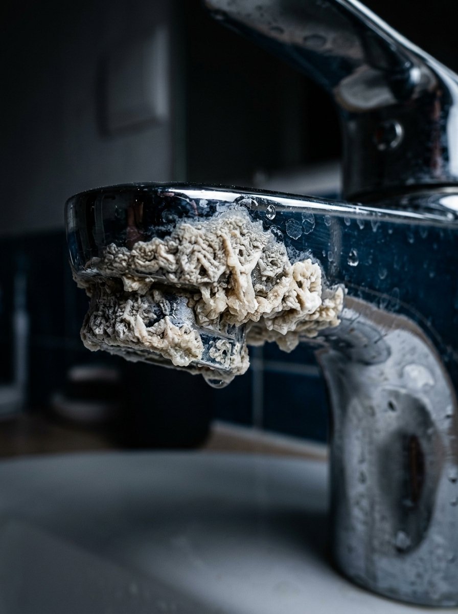 Close-up of a bathroom tap covered in thick, white, crusty limescale buildup.