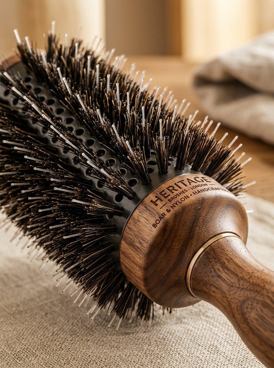 Premium wooden hairbrush with mixed boar and nylon bristles resting on a textured linen surface.