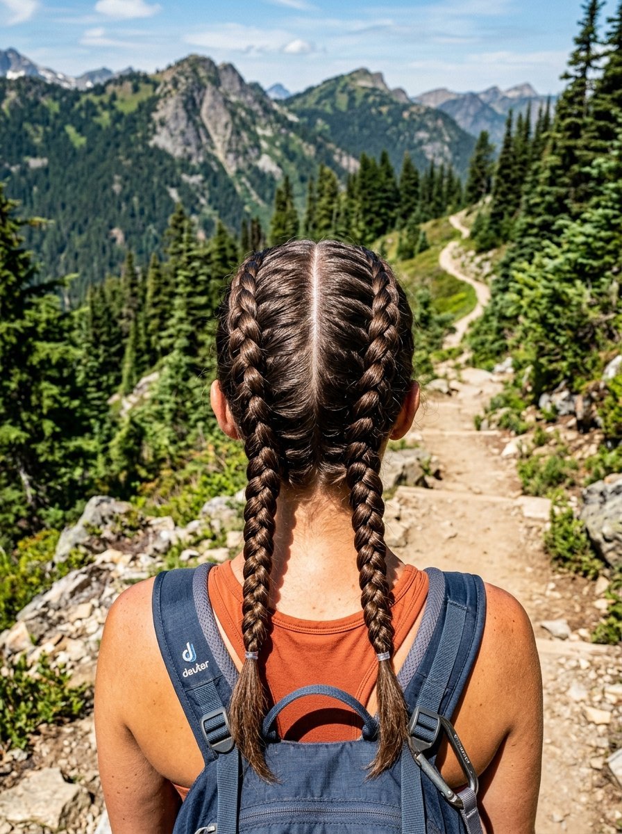 Back view of a hiker with double braided hair wearing a blue backpack on a forest trail with jagged mountain peaks.