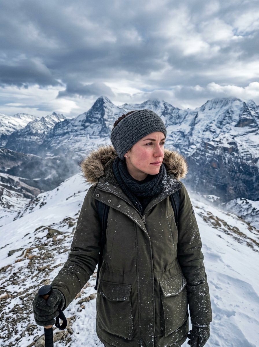 Young woman in a green parka and grey headband hiking on a snow-covered mountain peak with cloudy skies.