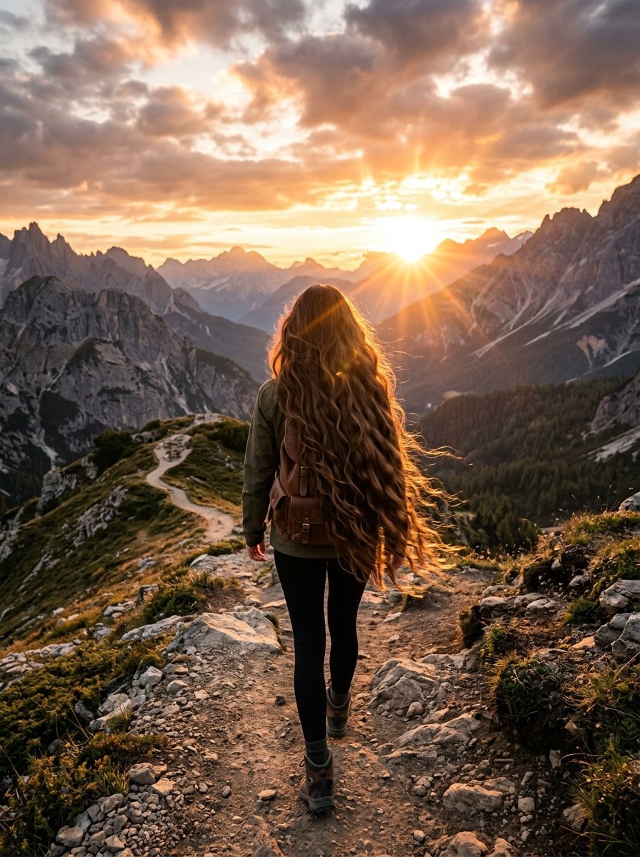 A long-haired woman wearing a backpack walks along a winding mountain path toward a golden sunburst.