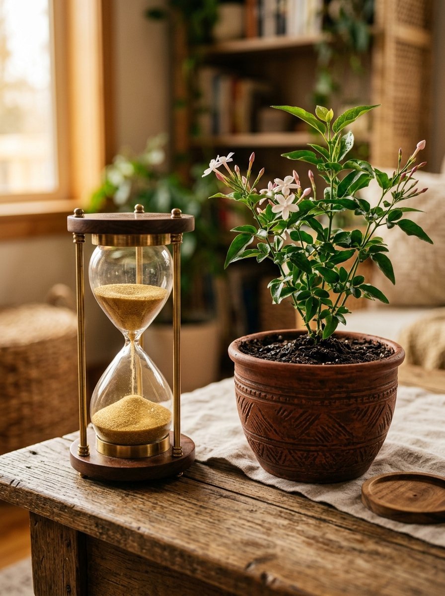 Decorative brass hourglass filled with gold sand next to a small flowering plant in a patterned terra cotta pot.