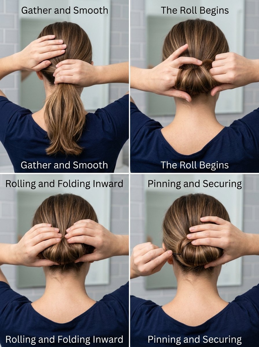 Four-panel collage showing a woman styling her brown hair into a neat bun, from gathering to pinning.