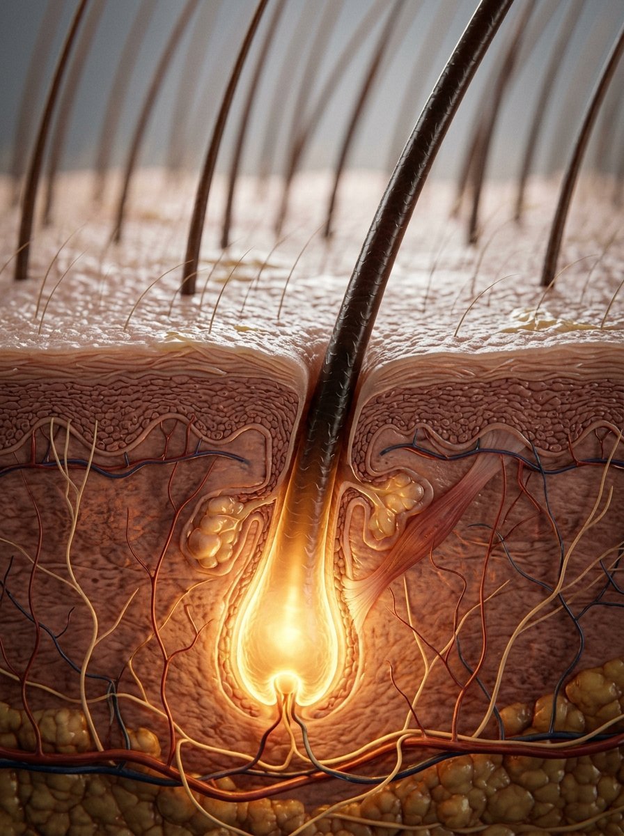 Microscopic view of human skin layers featuring a glowing hair root with surrounding blood vessels and nerves.