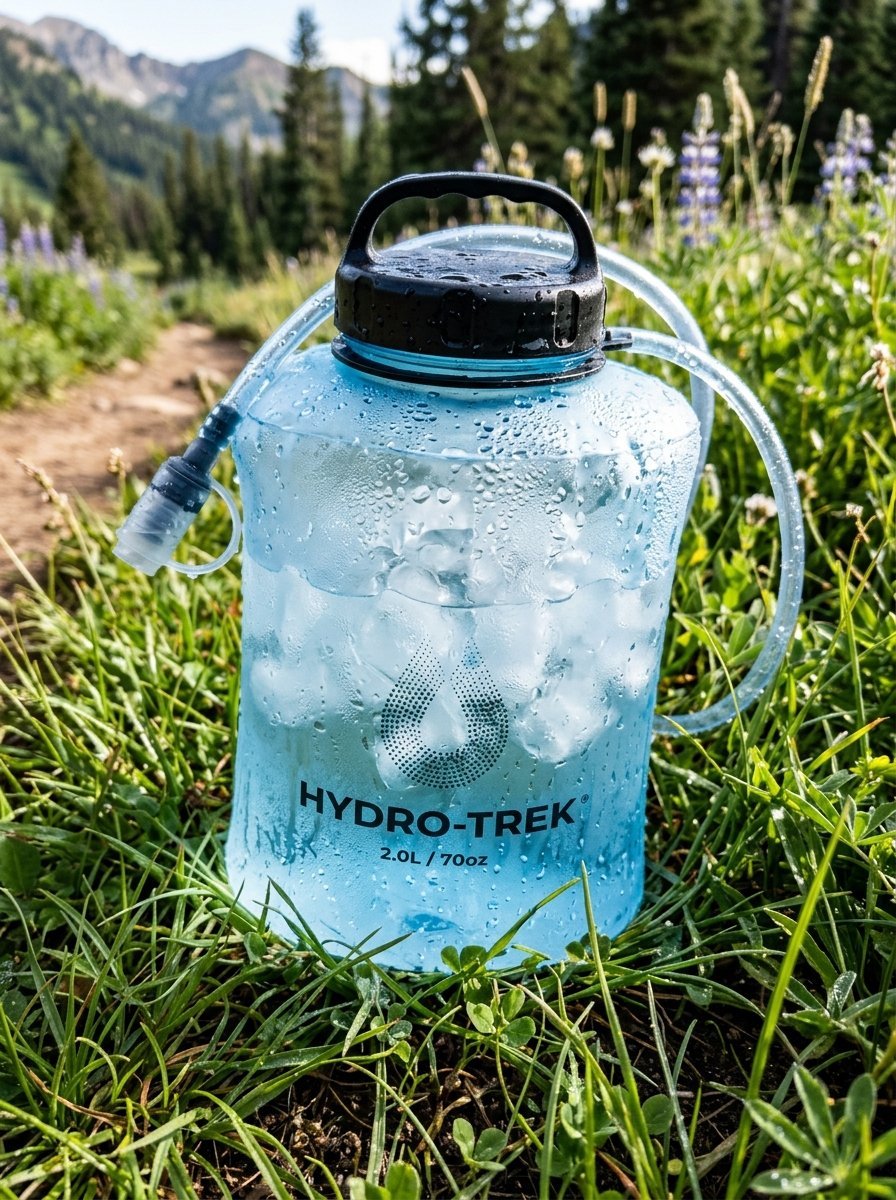 A blue two-liter Hydro-Trek hydration bottle covered in condensation sitting in tall green mountain grass.