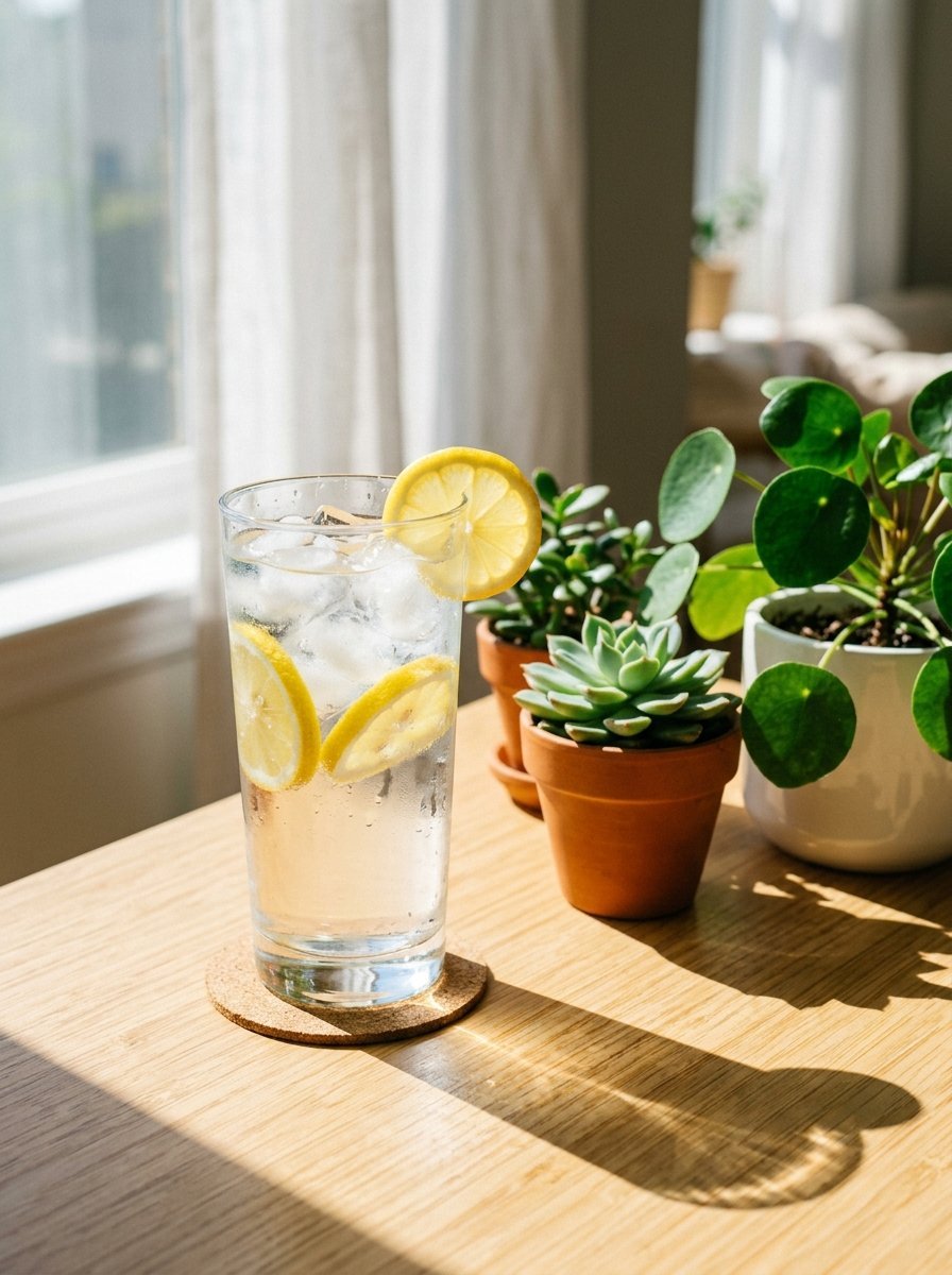 Iced water with lemon slices in a glass on a wooden table beside small potted succulents and a houseplant.