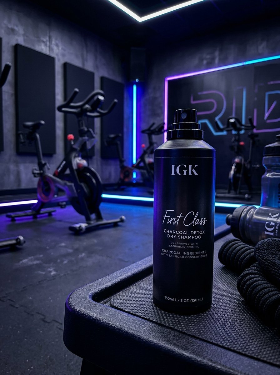 A can of IGK charcoal detox dry shampoo sits on a textured surface in a dark fitness studio with stationary bikes.