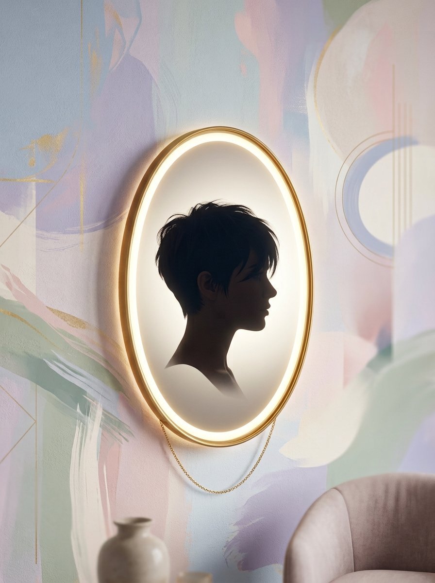 Backlit oval mirror with a gold frame hanging on a pastel painted wall showing a short-haired woman in profile.