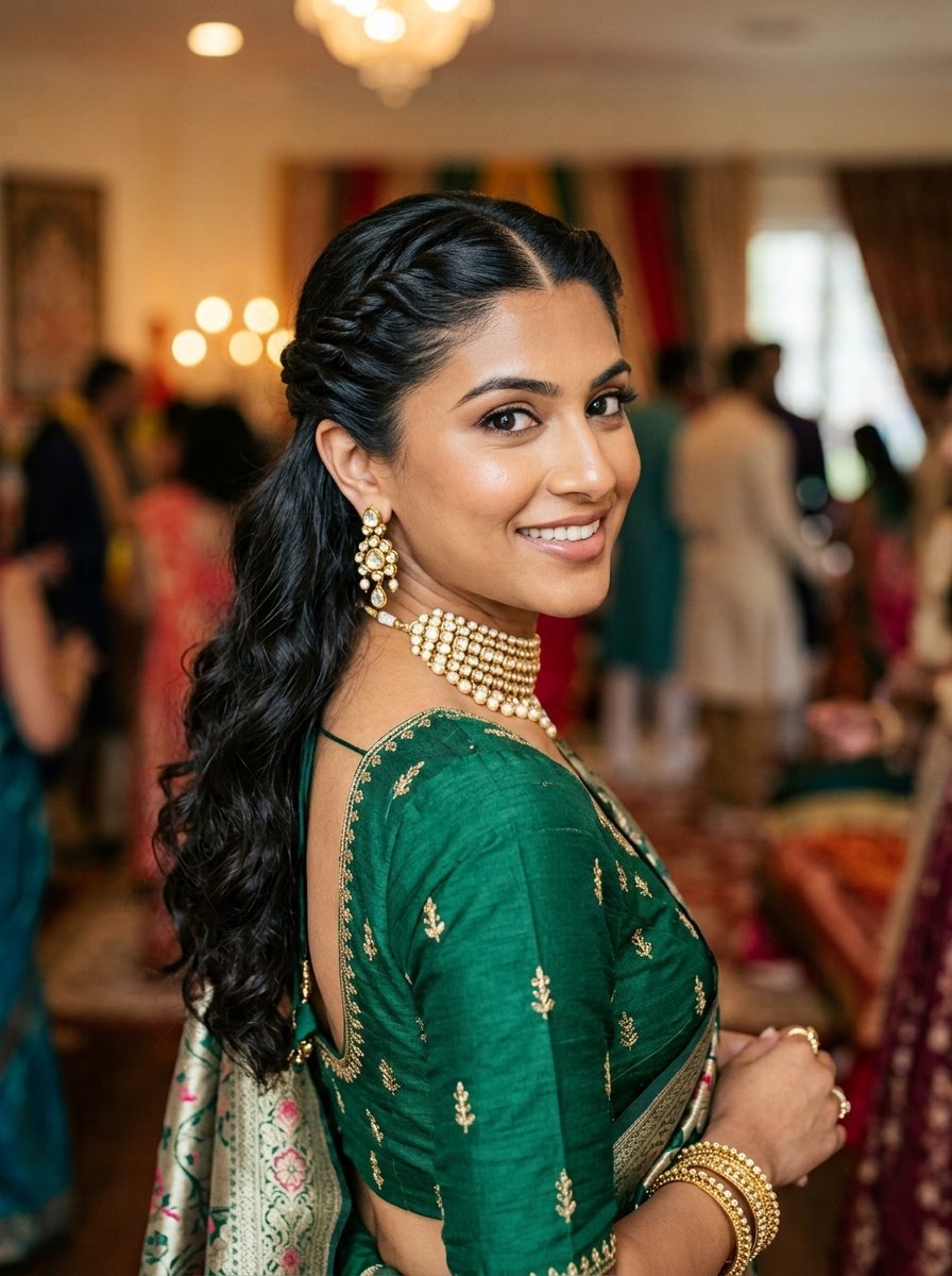 Portrait of a woman in an embroidered green blouse, gold choker necklace, and matching earrings at a celebration.