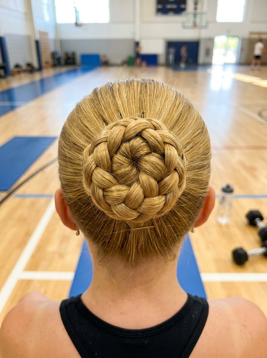 Rear view of a person with blonde hair styled into a complex woven circular bun inside a gym.