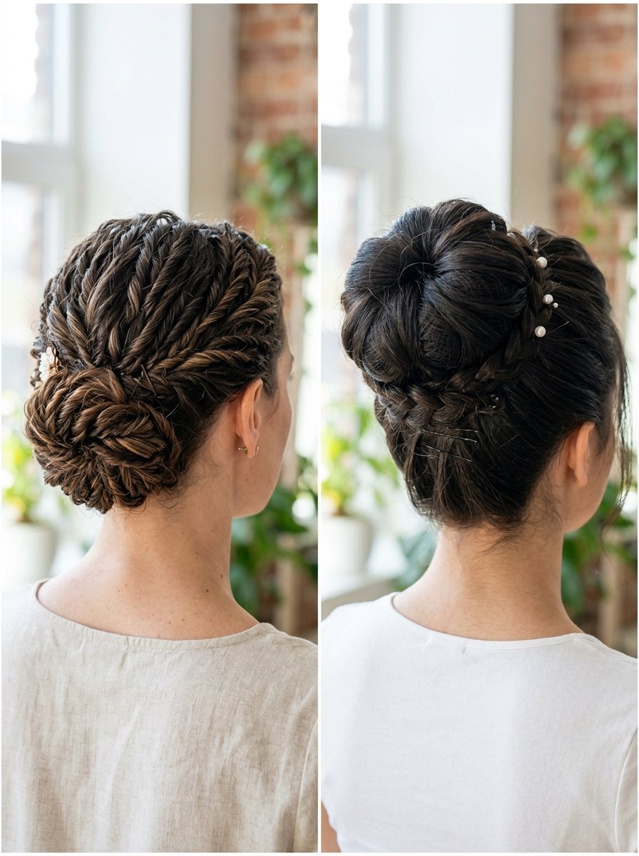 Split view of two different formal hairstyles on brown hair with braids, pearls, and a low bun.
