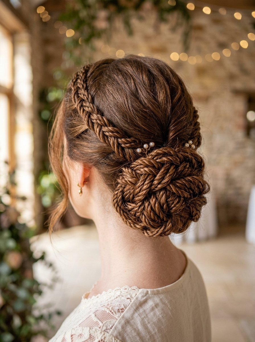 Close up view of a woman with braided brown hair styled into a detailed low bun with small pearl hair accessories.