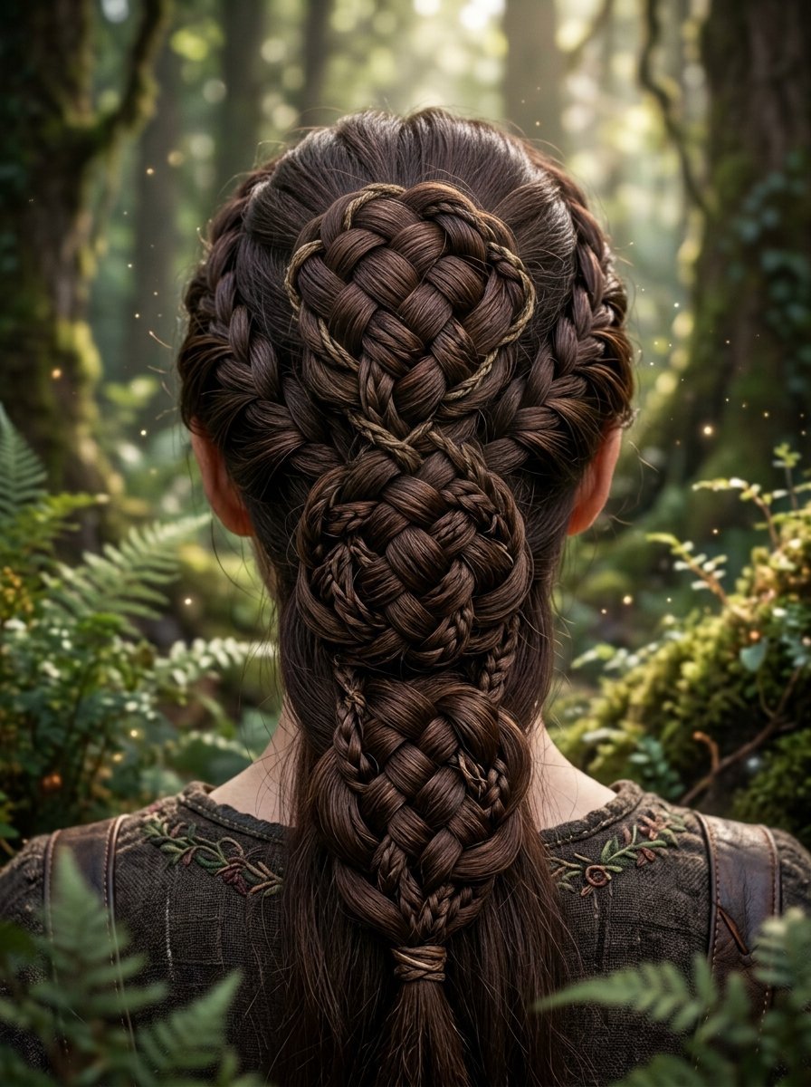 Back view of a woman wearing a triple-layered woven hair braid in a lush, magical woodland setting.