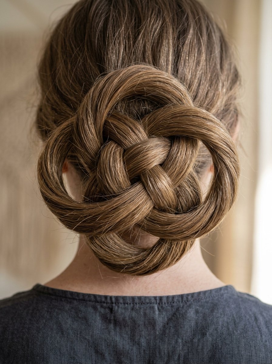 Close-up back view of a woman with brown hair arranged in a complex woven knot design.