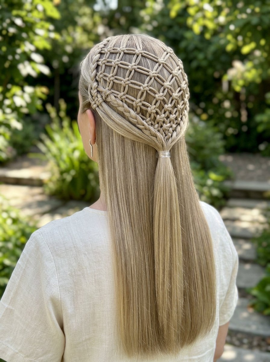 Close up of a blonde woman wearing a complex macrame-inspired lattice braid in her long straight hair.