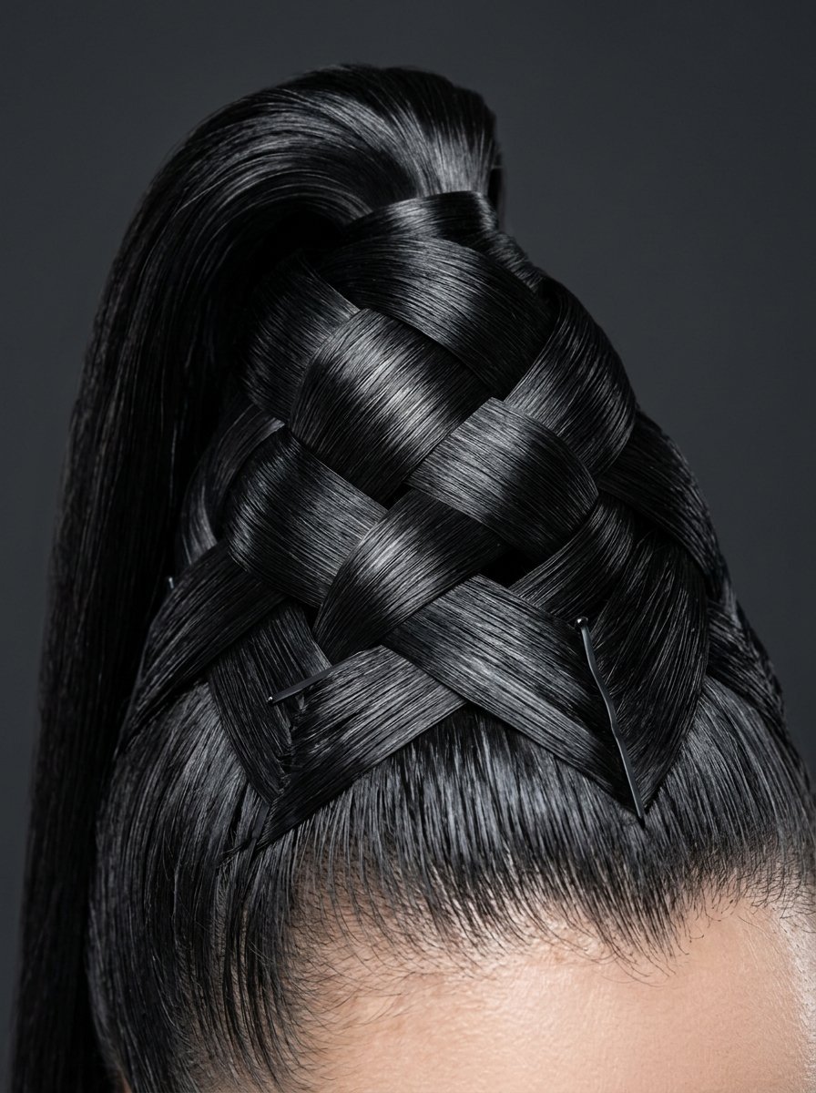 Close up of a dark, glossy high ponytail featuring an elaborate, basket-weave braided style with bobby pins.