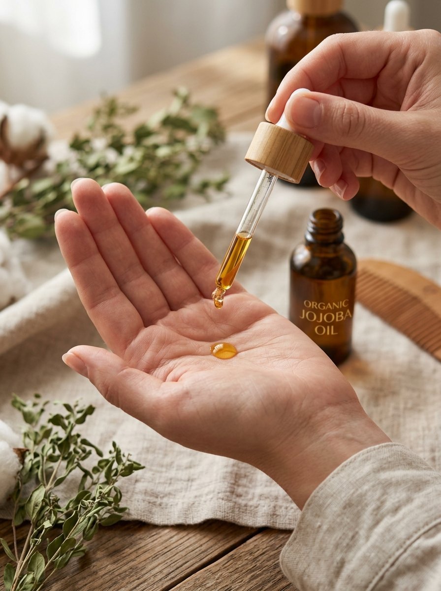 Close-up of a hand receiving a golden drop of jojoba oil from a bamboo-topped glass pipette.