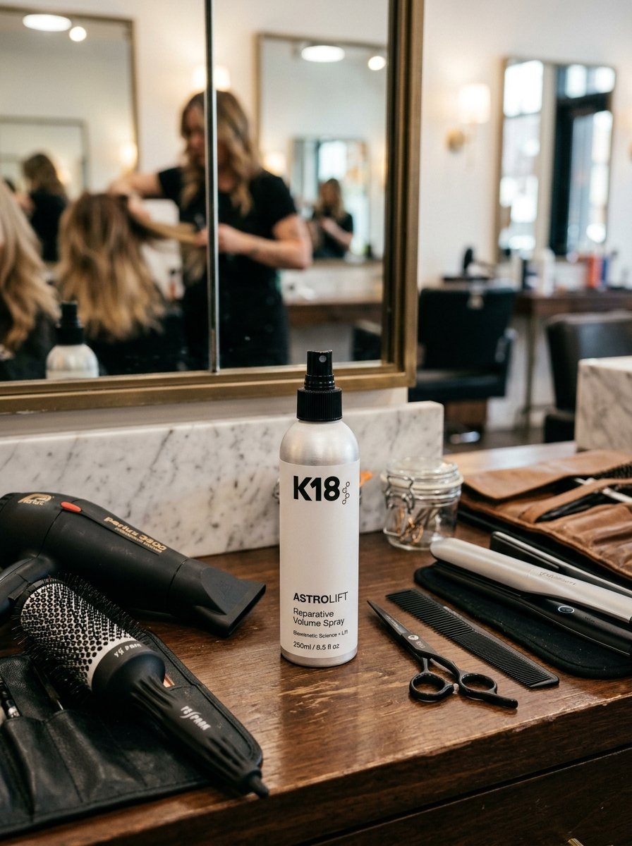 A silver bottle of K18 hair spray sitting on a wooden counter with professional salon tools and a hair dryer.