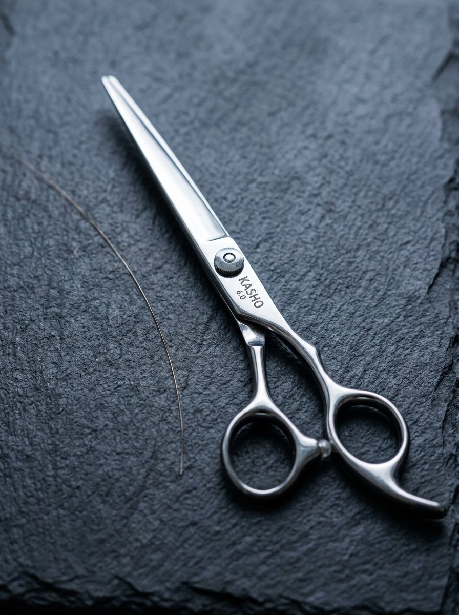 Close-up of a silver 6.0 inch Kasho hairdressing shear lying on a textured grey stone surface with a single strand of hair.