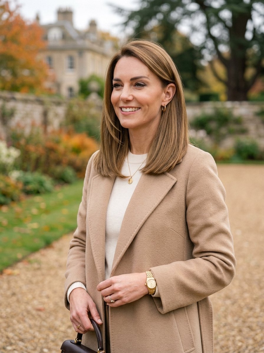Catherine, Princess of Wales, wearing a beige coat and sweater while standing in a garden.