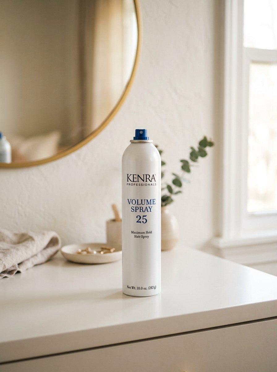 White canister of Kenra hair spray sitting on a white table with a blurred mirror and greenery in the background.
