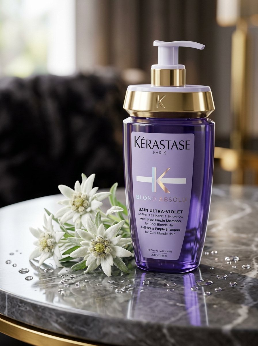 A purple bottle of Kérastase anti-brass shampoo sits on a marble surface next to white edelweiss flowers.