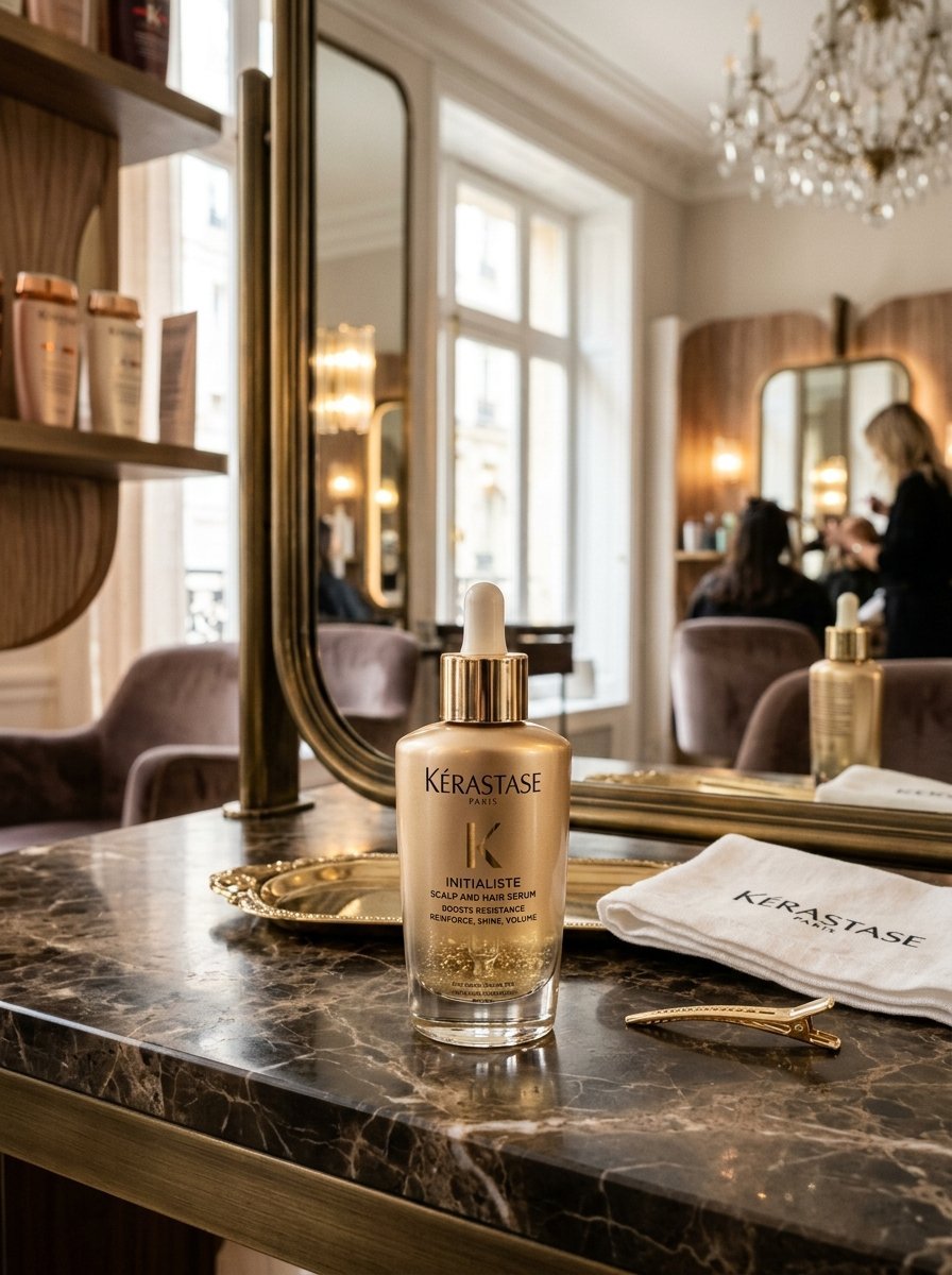 Kerastase scalp and hair serum bottle resting on a dark marble salon table with a branded white cloth and hair clip.